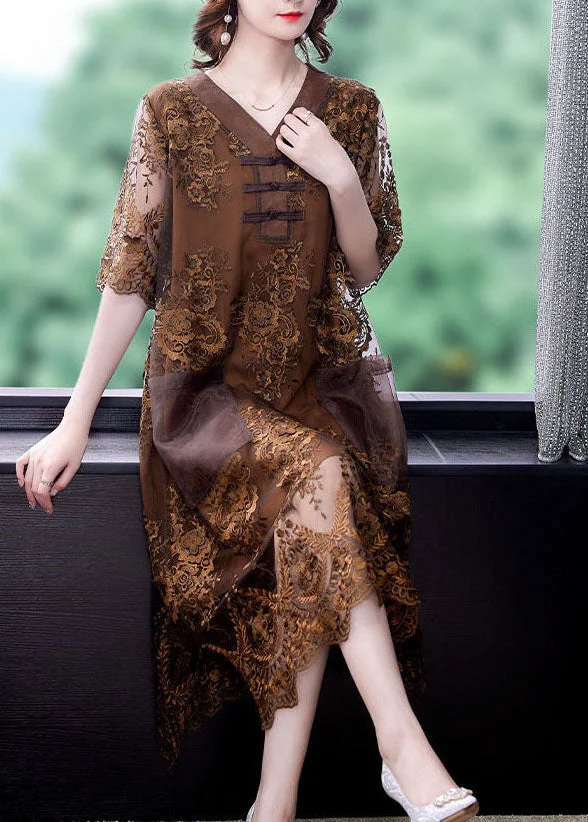 Coffee Patchwork Lace Maxi Dresses V Neck Embroideried Summer