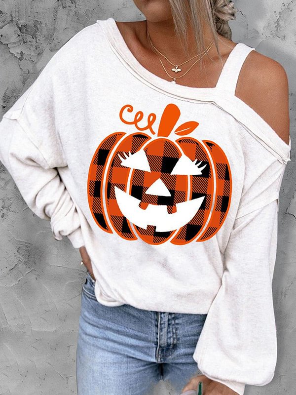 Plaid Pumpkin Print Hollow Out Long Sleeve Halloween Blouse