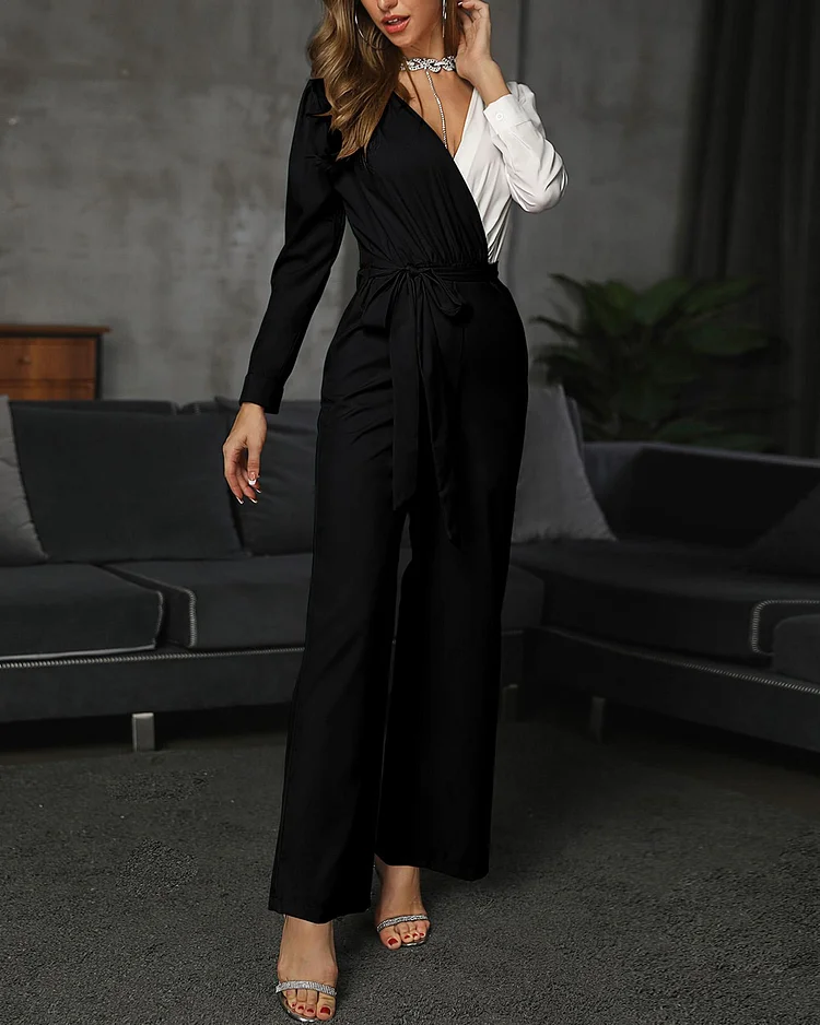 V Neck Colorblock Long Sleeve Belted Casual Jumpsuit P2067918953