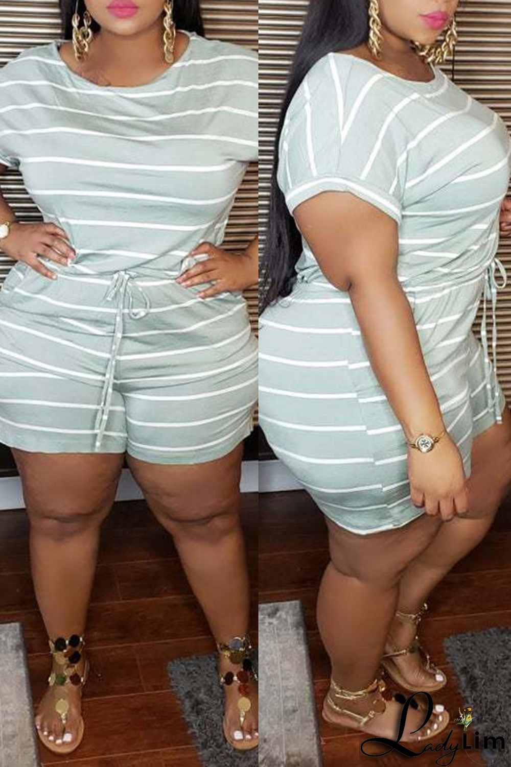 Blue Fashion Casual Striped Print Basic O Neck Plus Size Jumpsuits