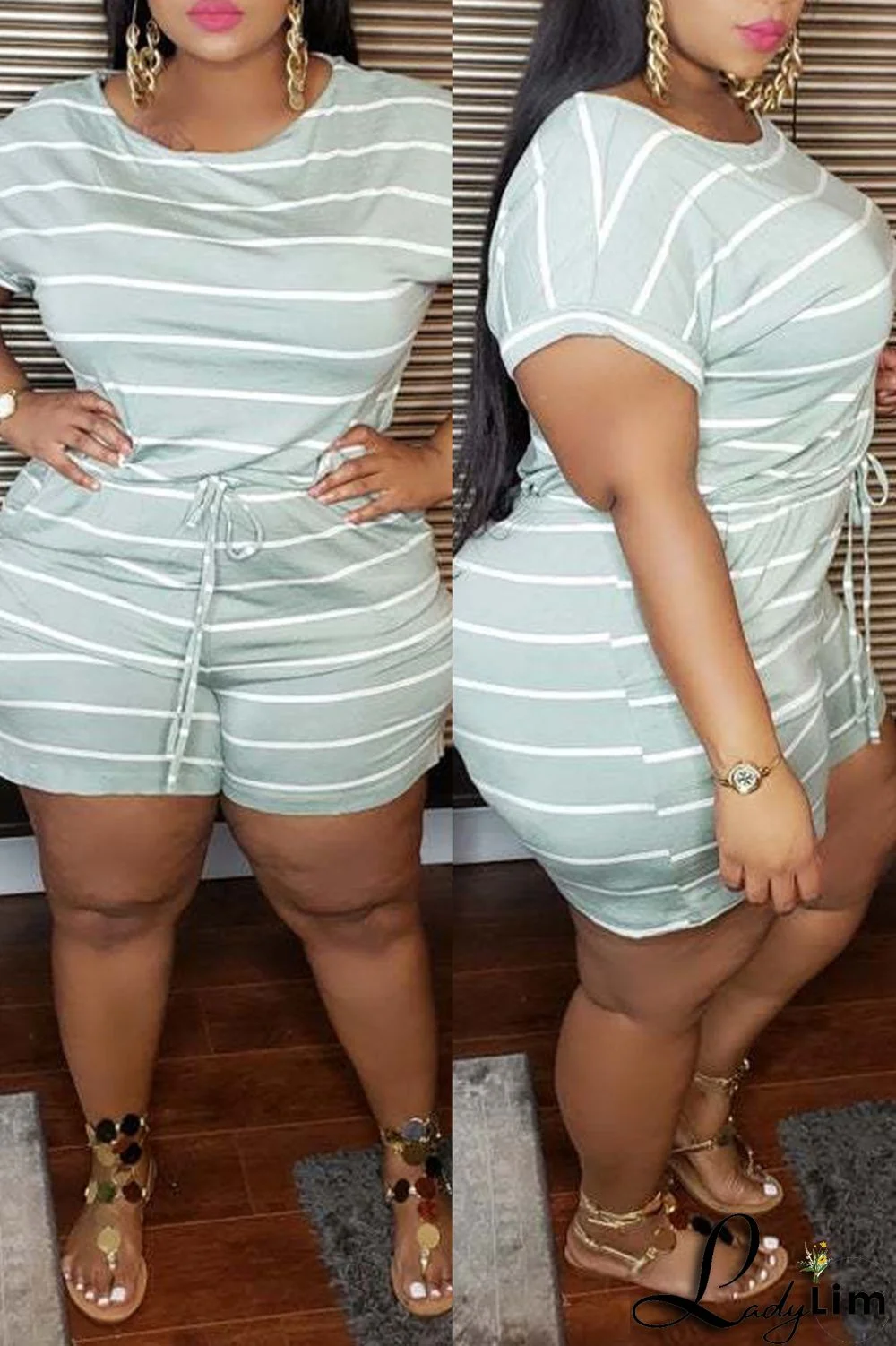 Blue Fashion Casual Striped Print Basic O Neck Plus Size Jumpsuits