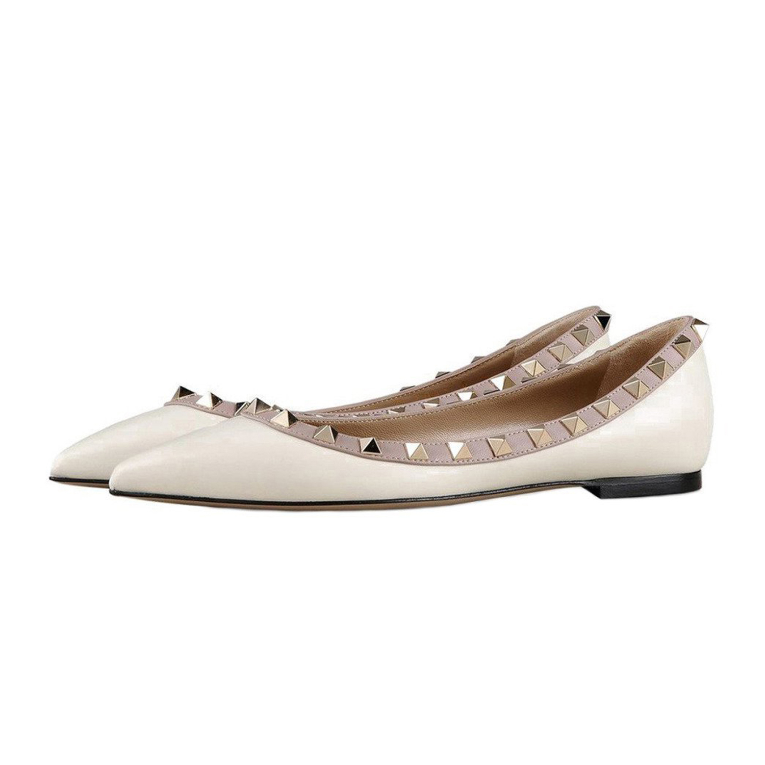 Pointed Toe Flats For Women Fashion Rivets Comfort Ballet Flats White Shoes-vocosishoes