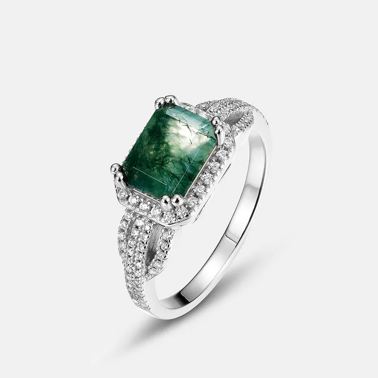 Emerald Cut Green Moss Stone Ring Aquatic Agate Engagement Ring
