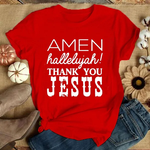 "Amen Halleluyah Thank You Jesus" Men and Women's Fashion Faith God Christ Jesus T-shirt with Sayings Casual Plus Size Graphic Tee Unisex