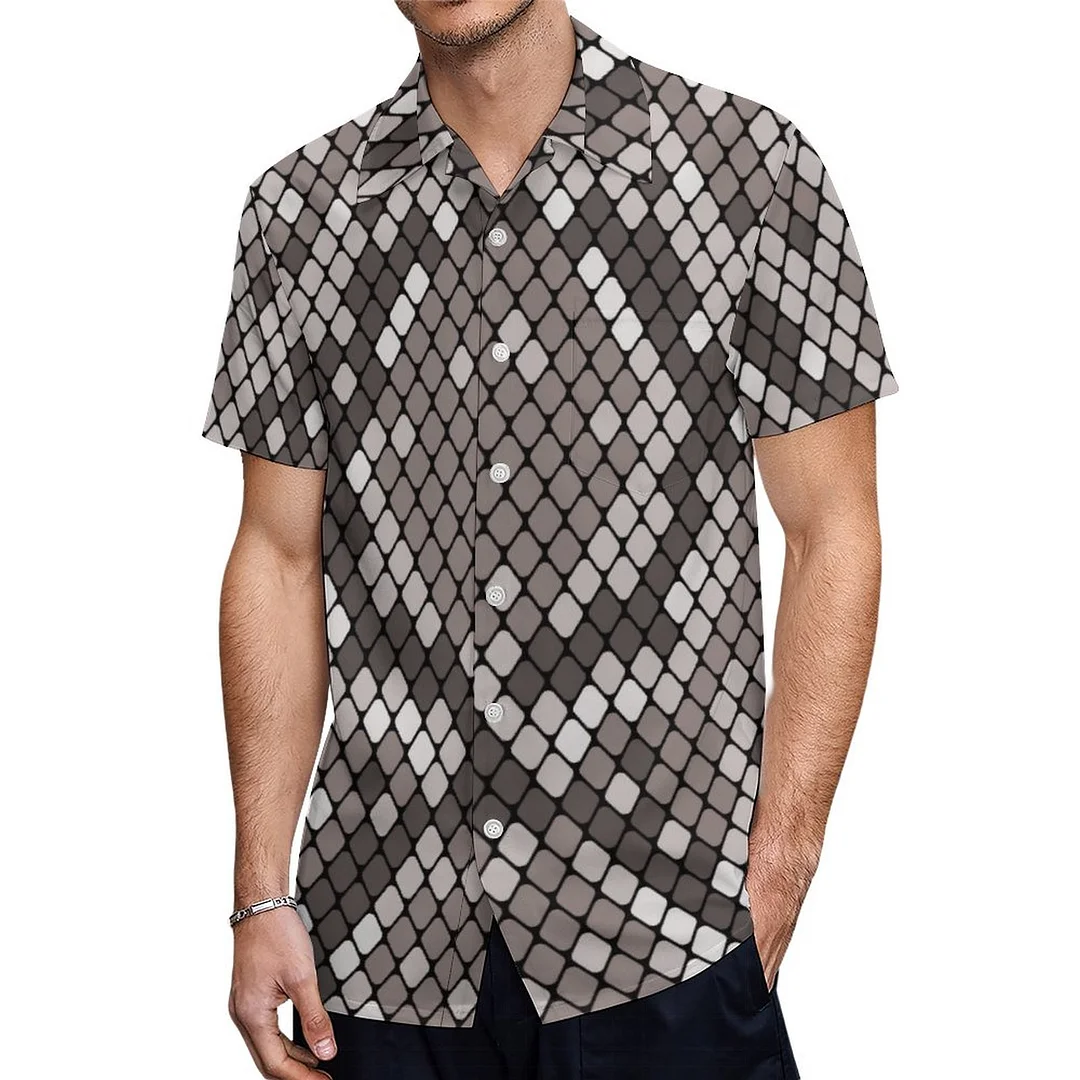 Cool Gray And White Snakeskin Snake Hawaiian Shirt Mens Button Down Plus Size Tropical Hawaii Beach Shirts