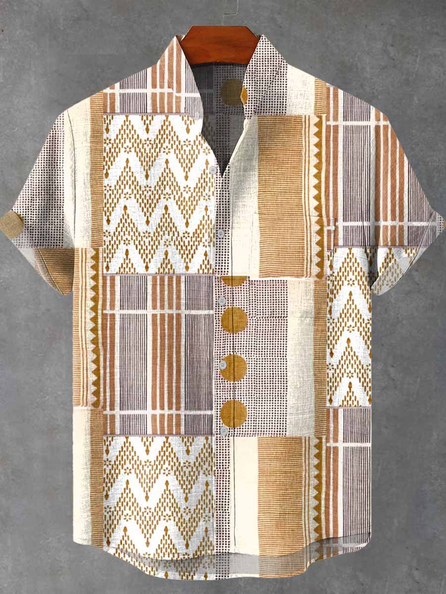 Vintage Ethnic Art Abstract Lines Vintage Print Casual 100% Cotton Shirt