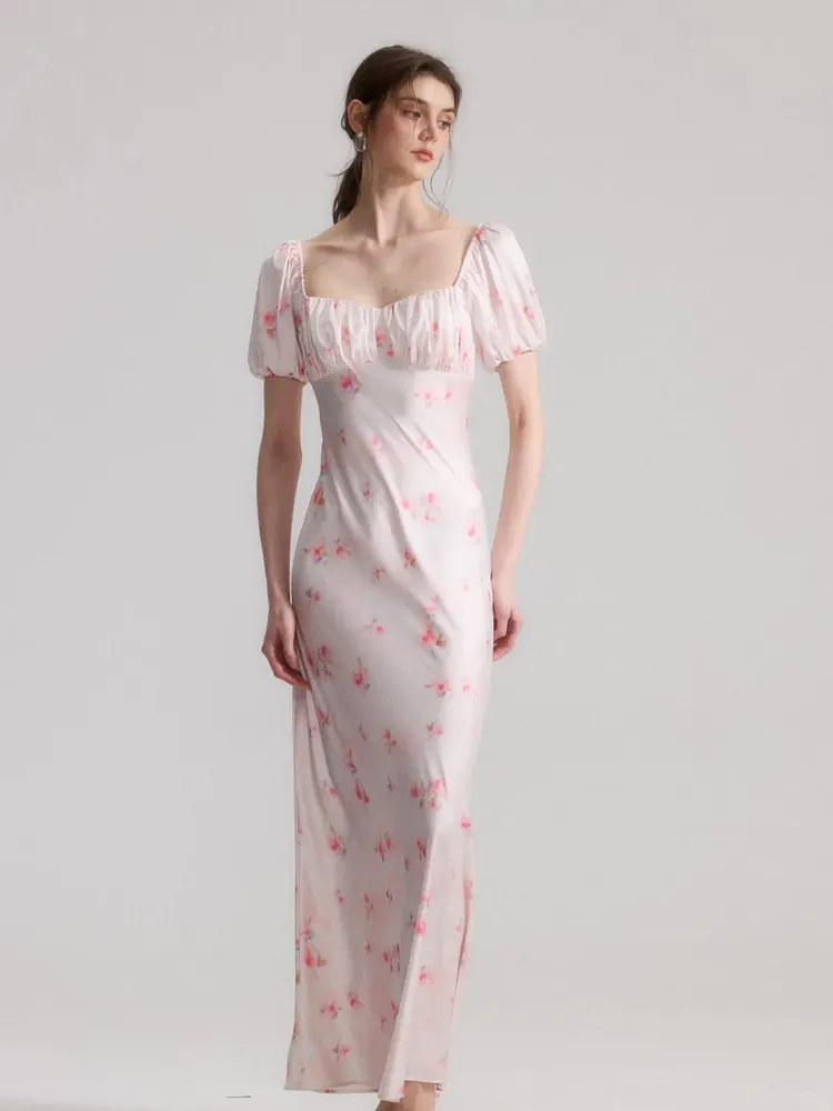 Light pink floral puff sleeve square neck dress