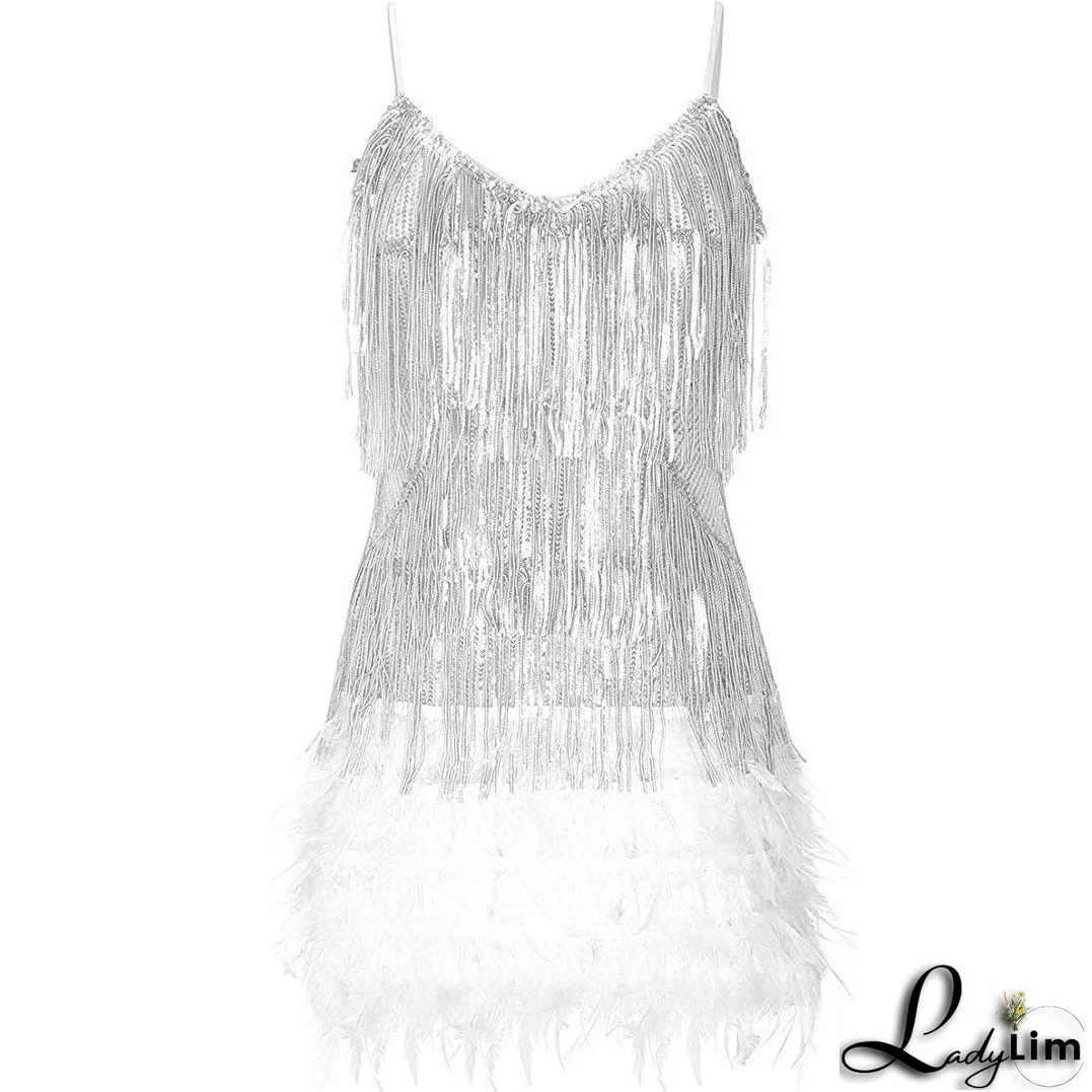 Shimmery Scoop Neck Sequin Fringe Feather Slip Flapper Mini Dress - White