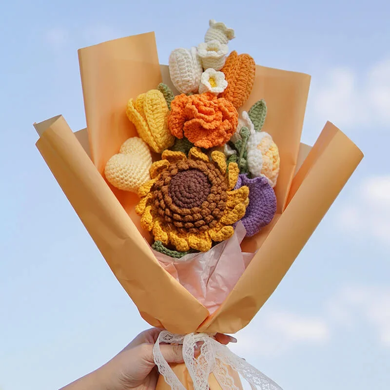Mewaii® Handmade Crochet Sunflowerand Rose Bouquet For Mother's Day Gift