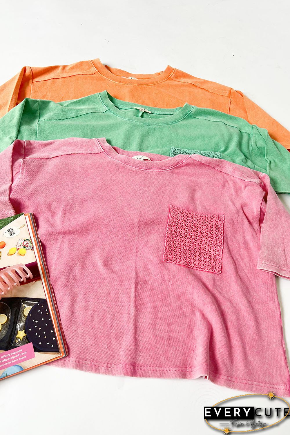 Pink Acid Wash Lace Patch Pocket T-Shirt