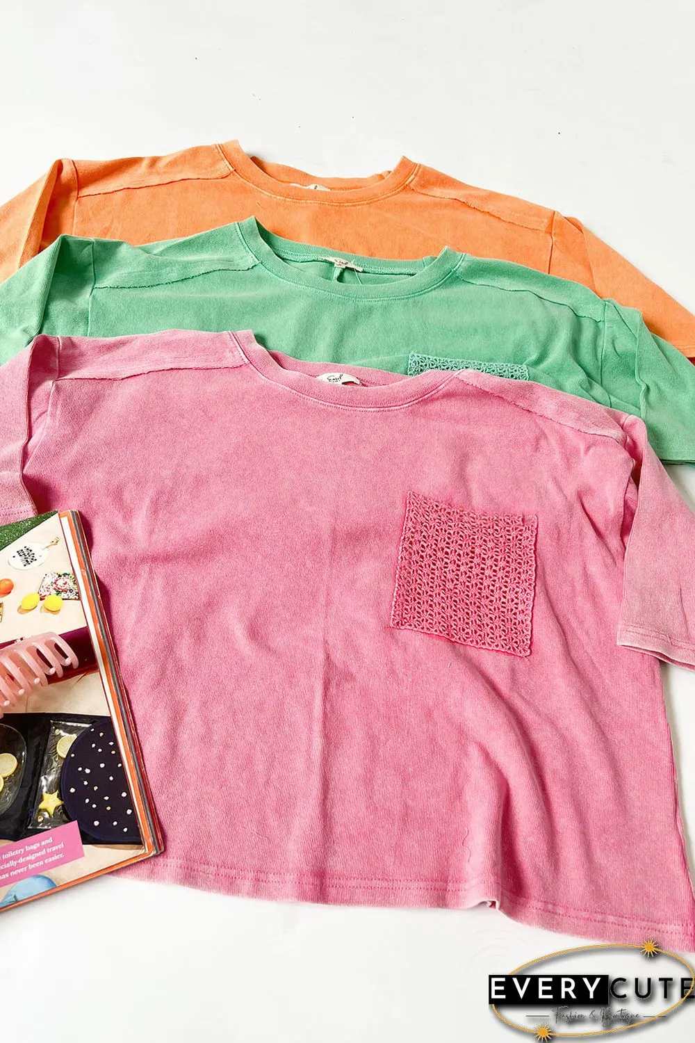 Pink Acid Wash Lace Patch Pocket T-Shirt