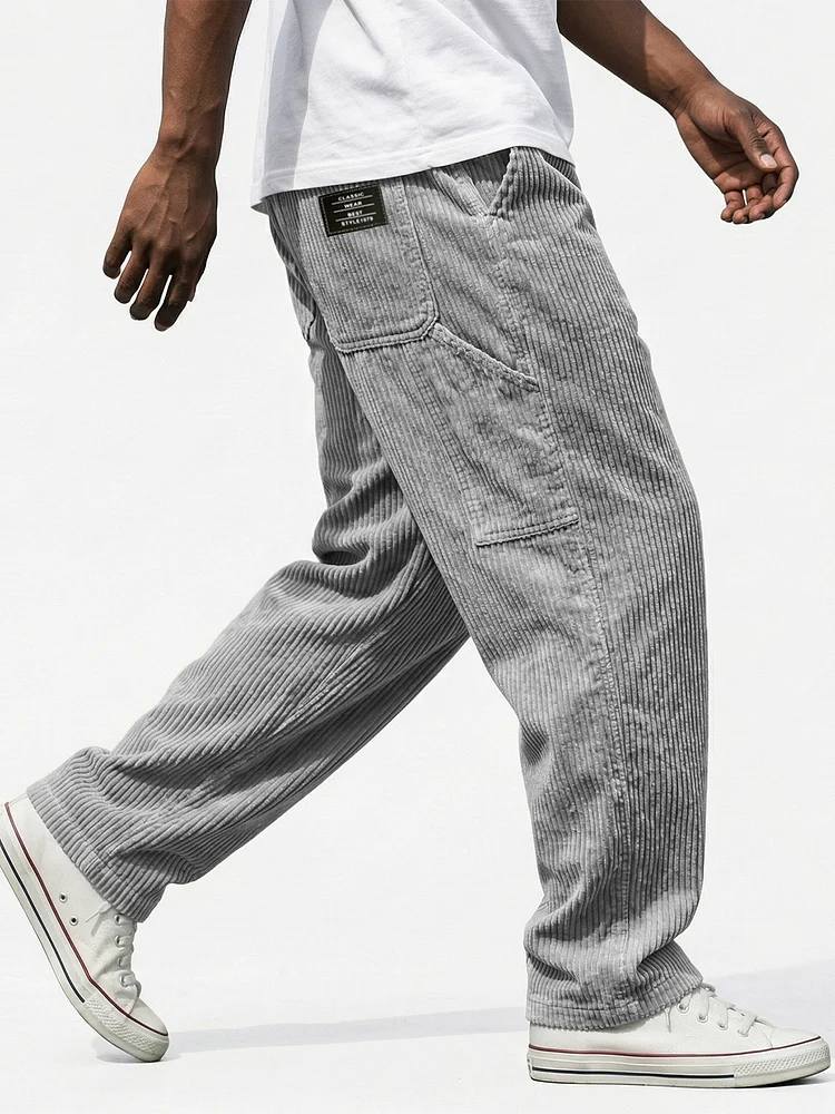 Men's Vintage Corduroy Practical Work Pants with Multiple Pockets and Embroidered Label
