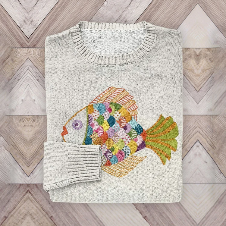 Comstylish Vintage Color Block Fish Embroidery Pattern Knit Sweater