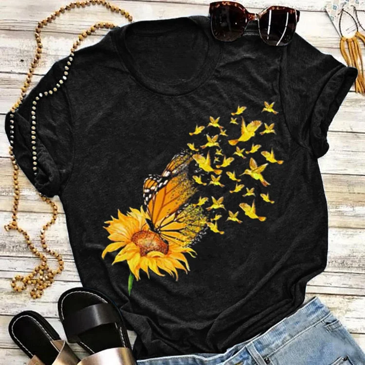 Sunflower Print Crewneck Short Sleeve T-Shirt