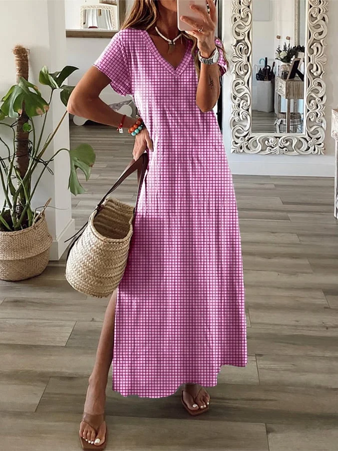 Women's Casual V-Neck Short Sleeve Plaid Dress
