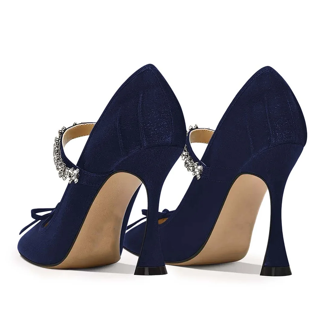 Velvet Rhinestone Strap Square Toe Bow Navy Flared Heel Pumps Shoes