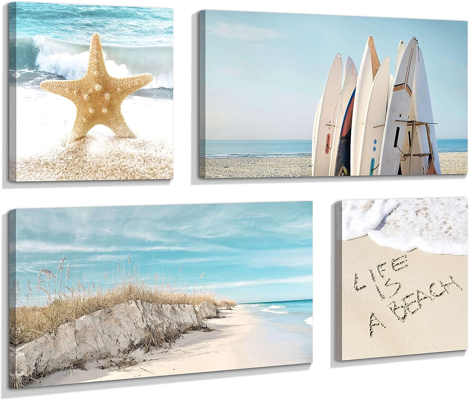 Bedroom Beach Canvas Wall Art: 4 Piece Living Room Bathroom Modern Blue Coastal Landscape Picture Tropical Ocean Wave Print Sea Starfish Scene Painting Artwork Decor for Home Office Beach Theme 01