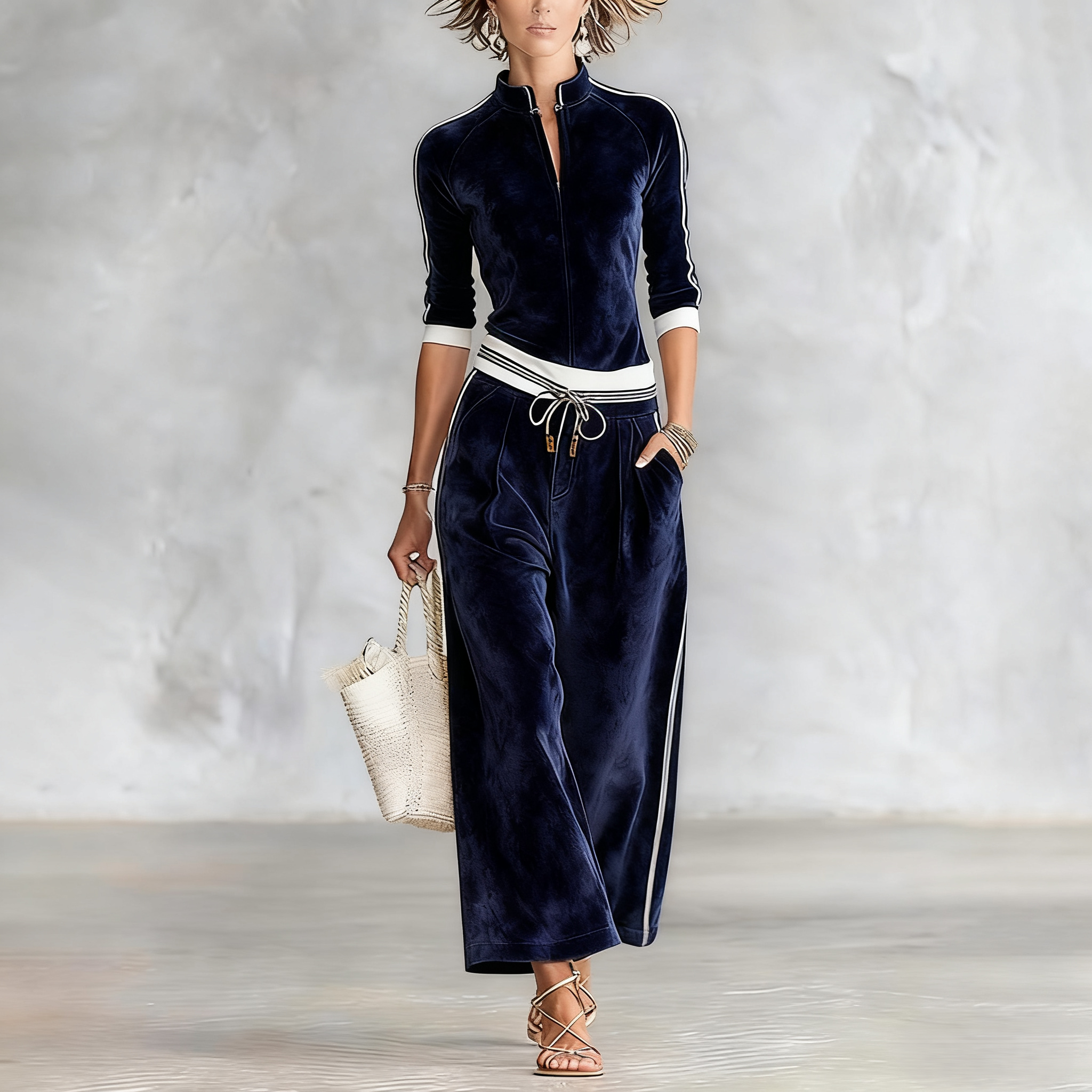 Dark Blue Velvet Contrast-Trim Women's Autumn and Winter Sports Casual Set