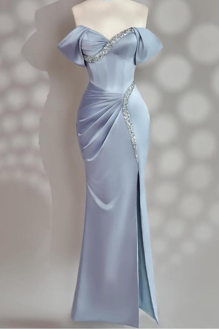 Charming Blue Satin Strapless Off the Shoulder Long Split Prom Dress with Beadings | MS0599 