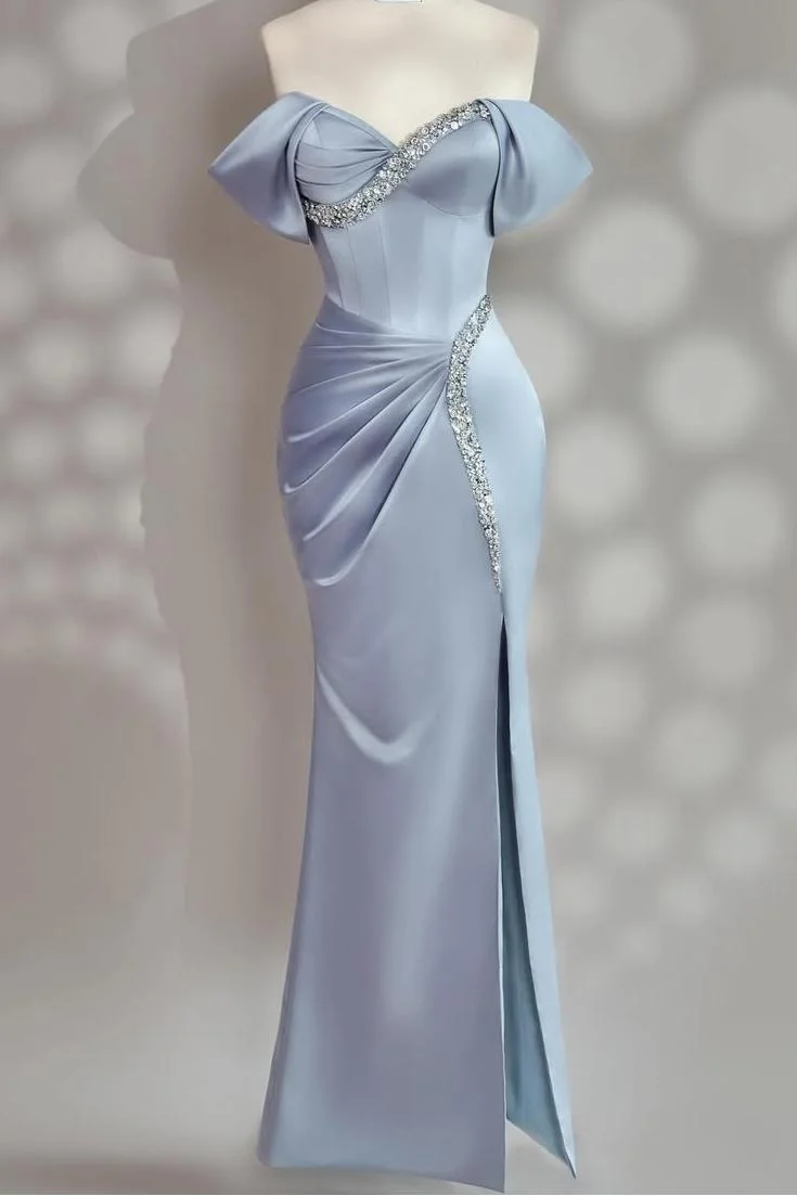 Miabel Charming Blue Satin Off the Shoulder Strapless Long Split Prom Dress with Beadings 