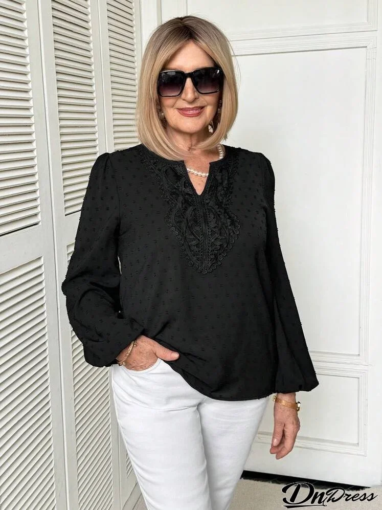 Women's Spring Autumn Solid Color Contrast Lace V-Neck Lantern Sleeve Elegant Blouse