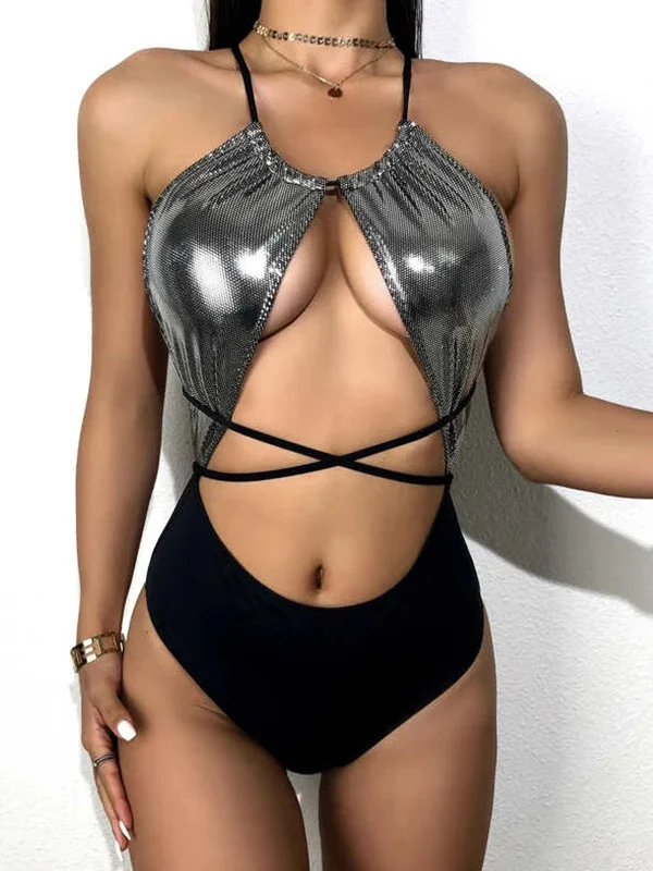 Sexy U-Neck Color-Block Hollow Backless One-Piece Swimwear