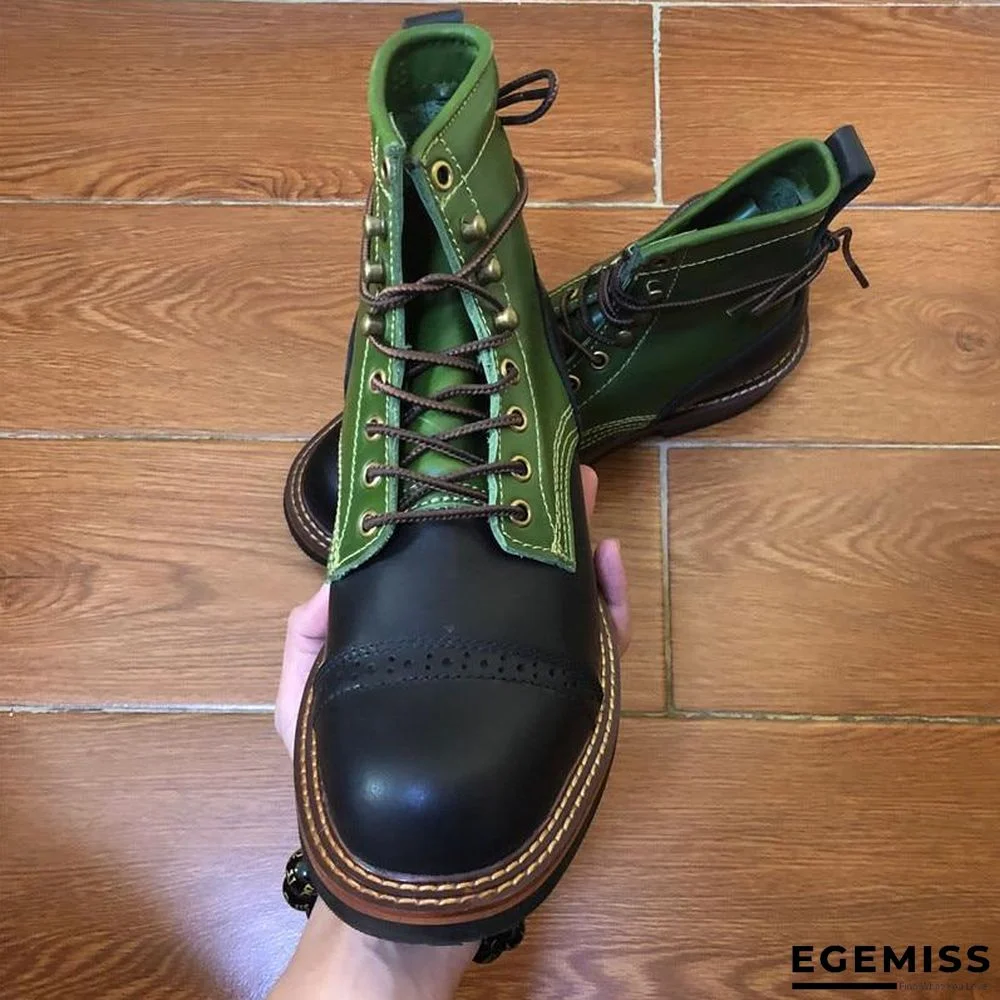 Genuine Genuine Leather Lace-Up Vintage High Quality Tooling White Ankle Boots Motorcycle Boots | EGEMISS