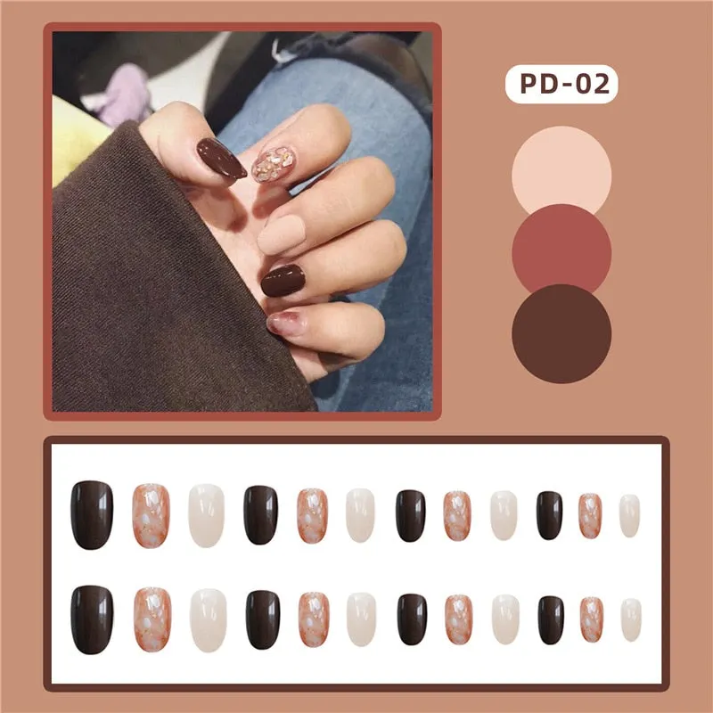 24pcs Leopard Theme Full Cover False Nail Tips Black Heart Line Transparent Stiletto French Fake Nails With Glue Detachable Tips-Nail Inspo