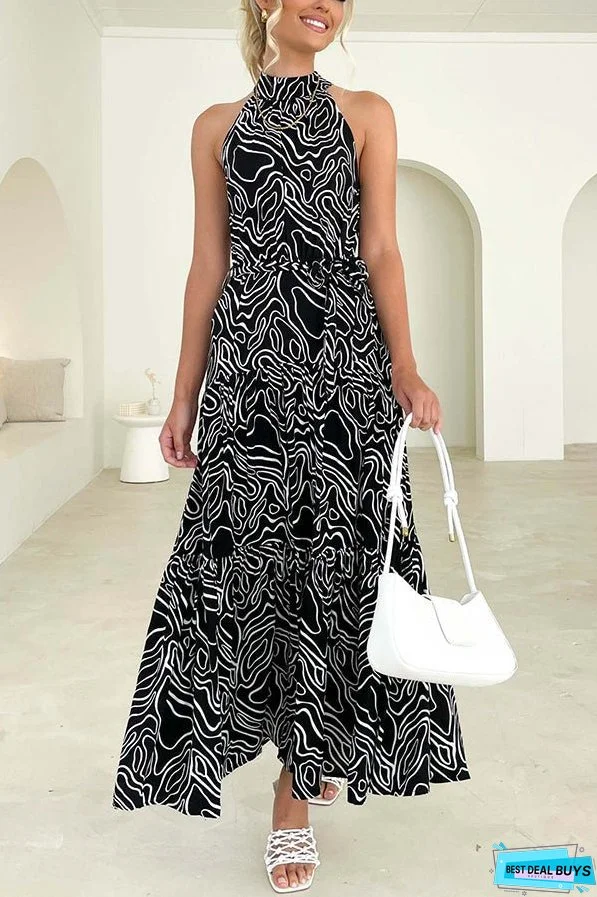 Elegant Loose Fashion Trend Print Lace Up Swing Dress