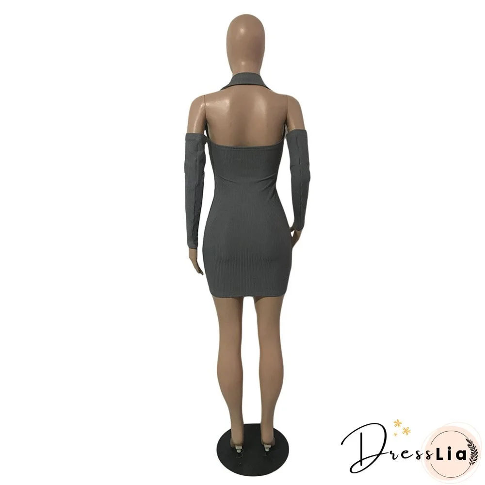 Autumn Ribbed Long Sleeve Lapel Bodycon Mini Dress