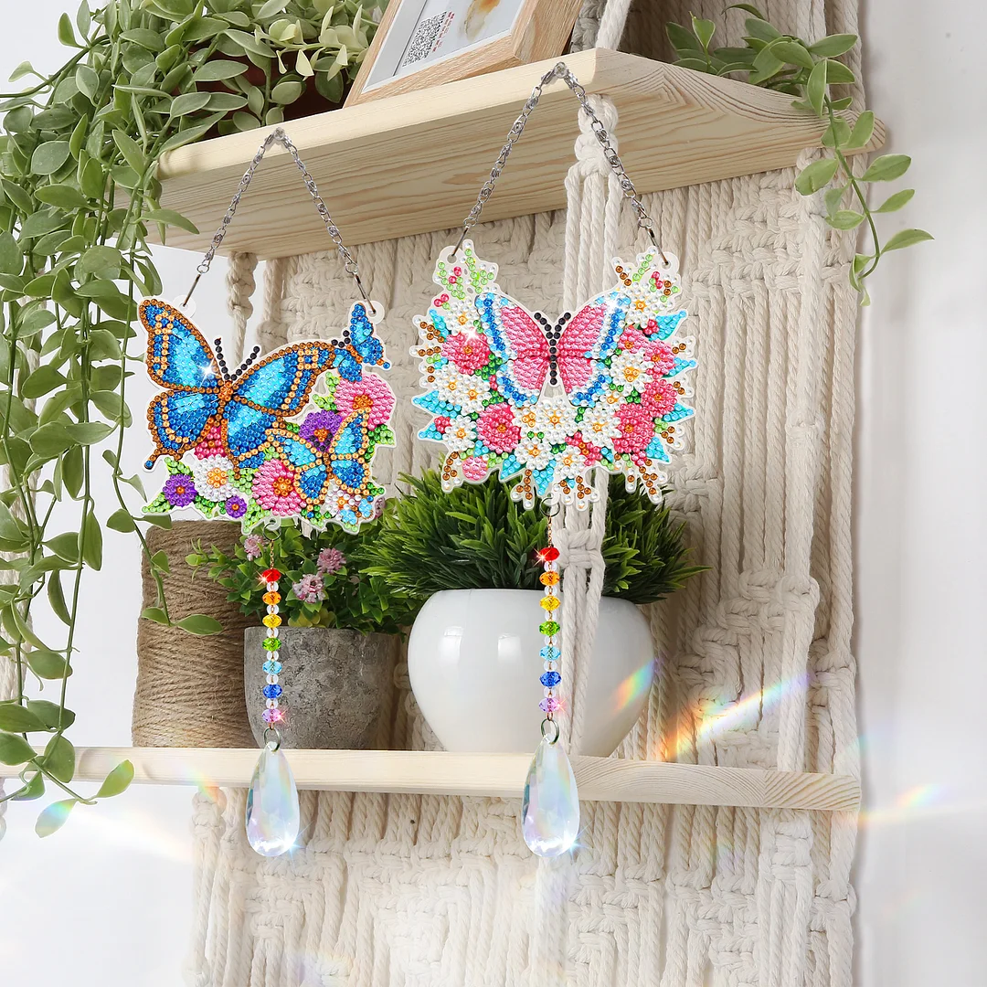2Pcs Flowers and Butterflies DIY Acrylic Diamond Painting Art Wind Chimes with Crystal Pendant Diamond Art Hanging Pendant Double-Sided for Adults Beginners Gift Home Garden Decor
