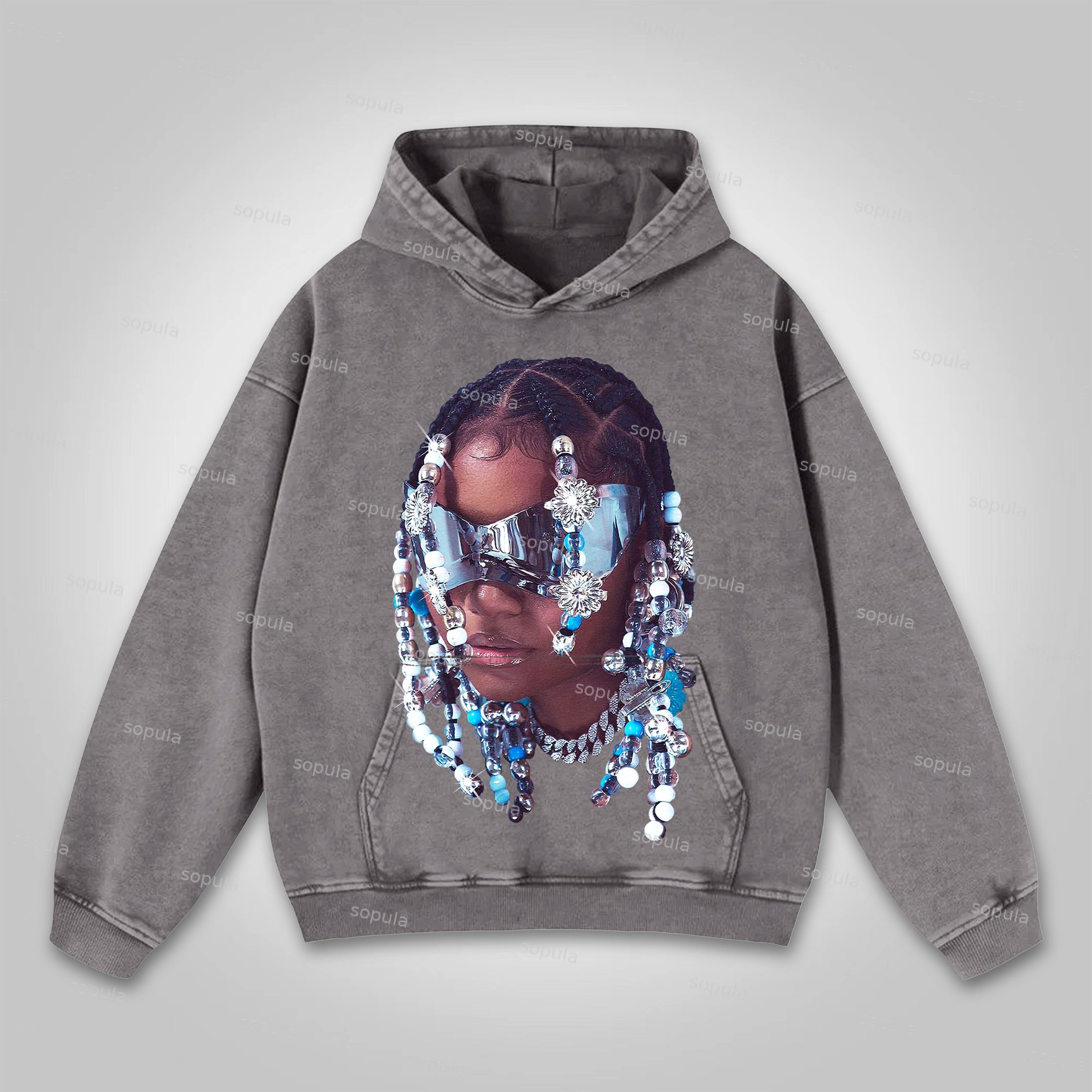 Sopula Jewelry Street Portrait Print Washed Hoodie - SOPULA