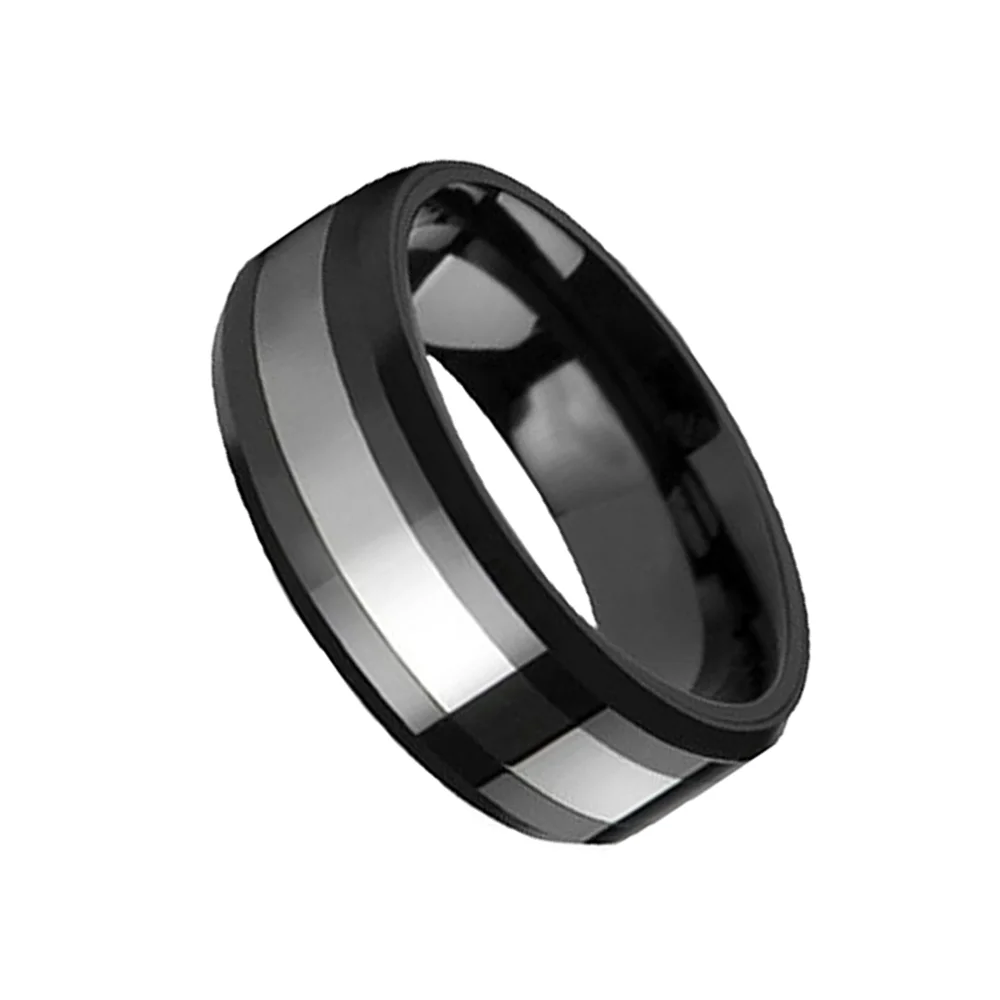 Men Black Tungsten Carbide Rings High Polished Silver Center 8MM Wedding Bands