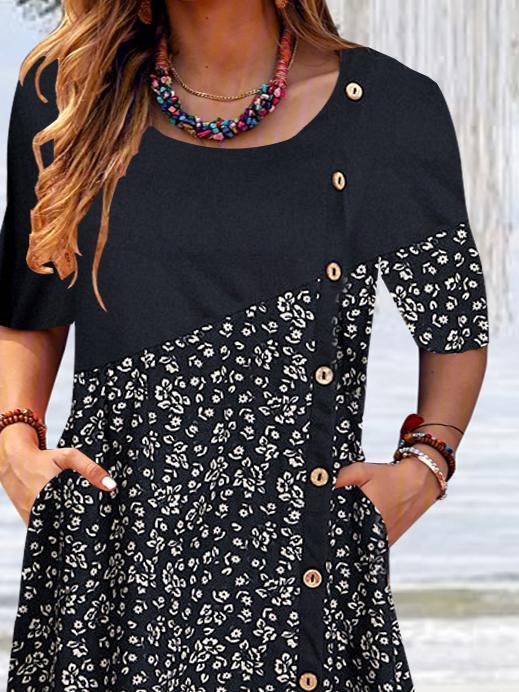 Women Half Sleeve V-neck Solid Color Dress