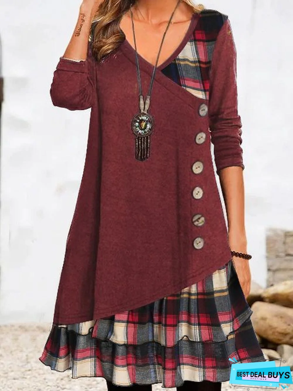 Women Geometric Casual Autumn V neck Natural Loose Midi A-Line Regular Dress