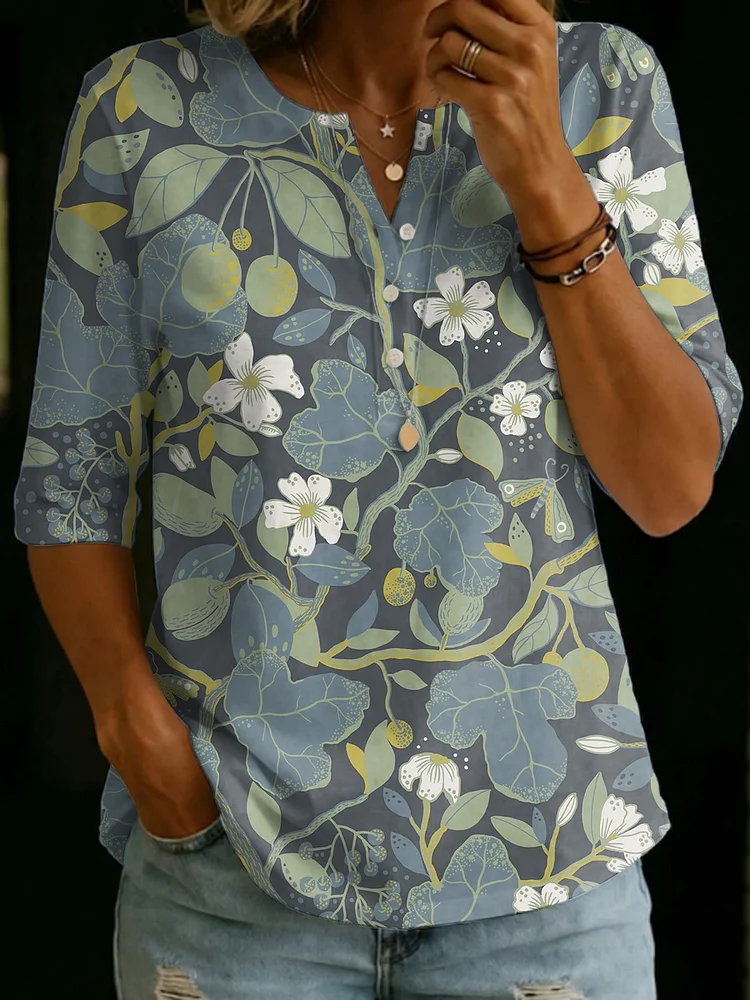 Retro Floral Decorative Pattern Polo Collar Cotton Shirt