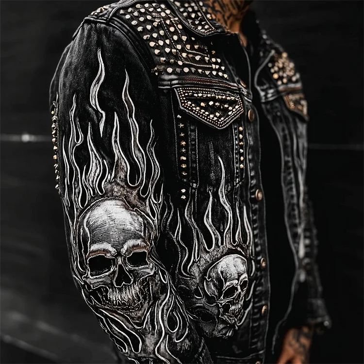 Men's Skulls Flame Contrast Rock Studded Washed Denim Jacket