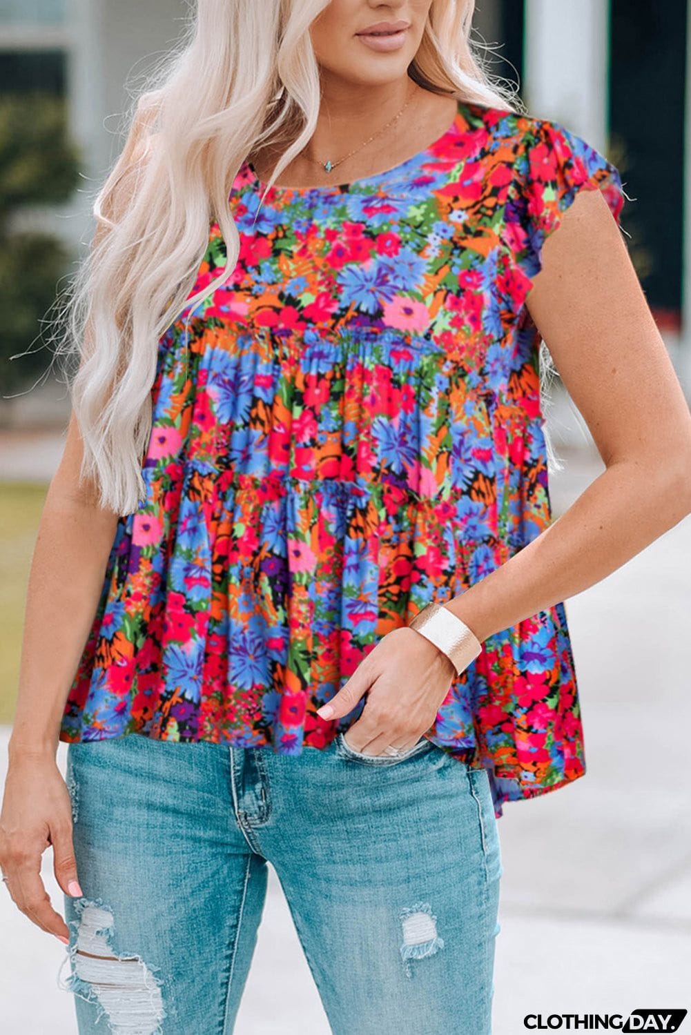 Floral Round Neck Frill Trim Blouse