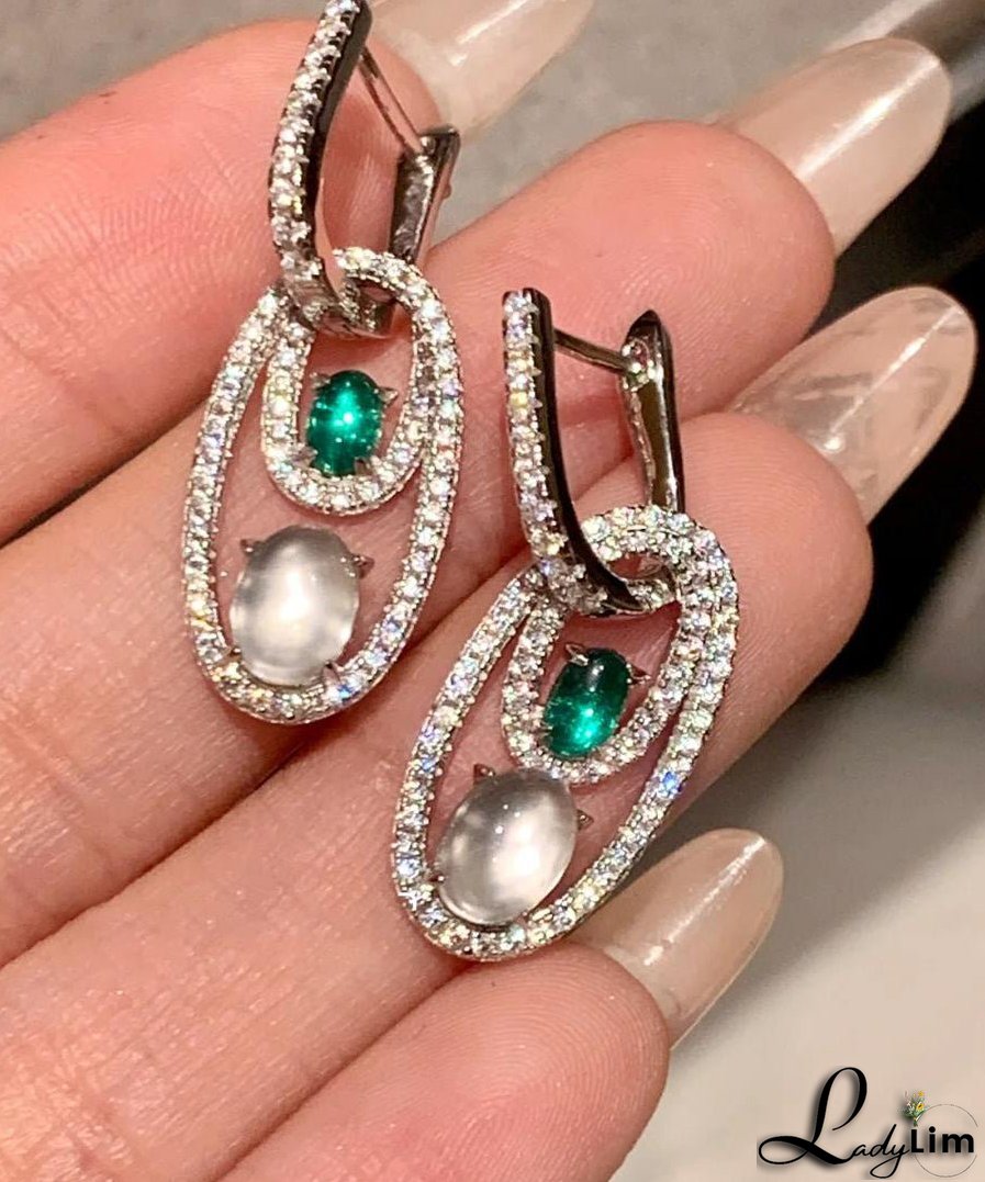 Chinese Style Green Sterling Silver Alloy Zircon Jade Egg Shaped Hoop Earrings