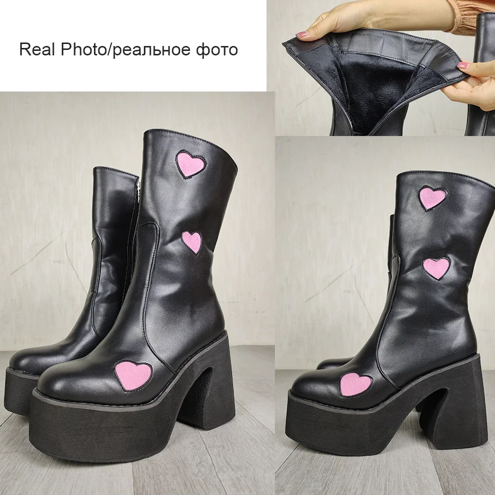 Qengg Brand New Fashion Platform Chunky Block High Heels Love Heart Women Boots Fashion Party Designer Casual Ladies Shoes