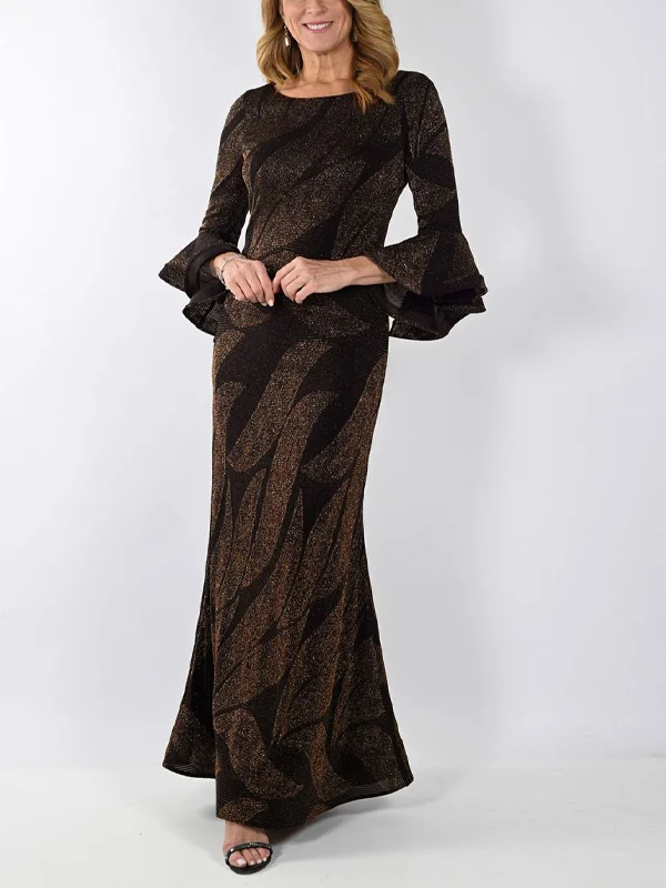 Crew Neck Printed Long Sleeves Maxi Dress