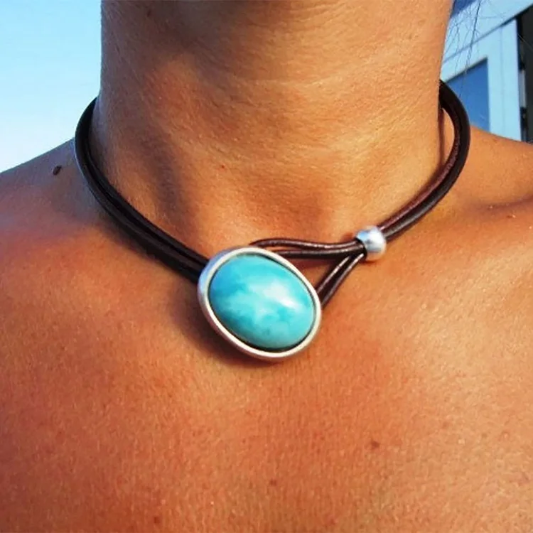 Retro Leather Turquoises Necklace Ethnic Boho Women Beach Statement Choker-Annaletters