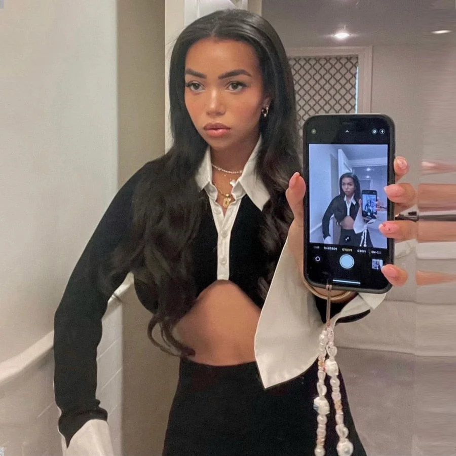 Weird Puss Y2K T-Shirt Women Patchwork Long Sleeve Tops Buttons Polo Neck Skinny Stretchy Tees Fashion Streetwear Autumn Clothes