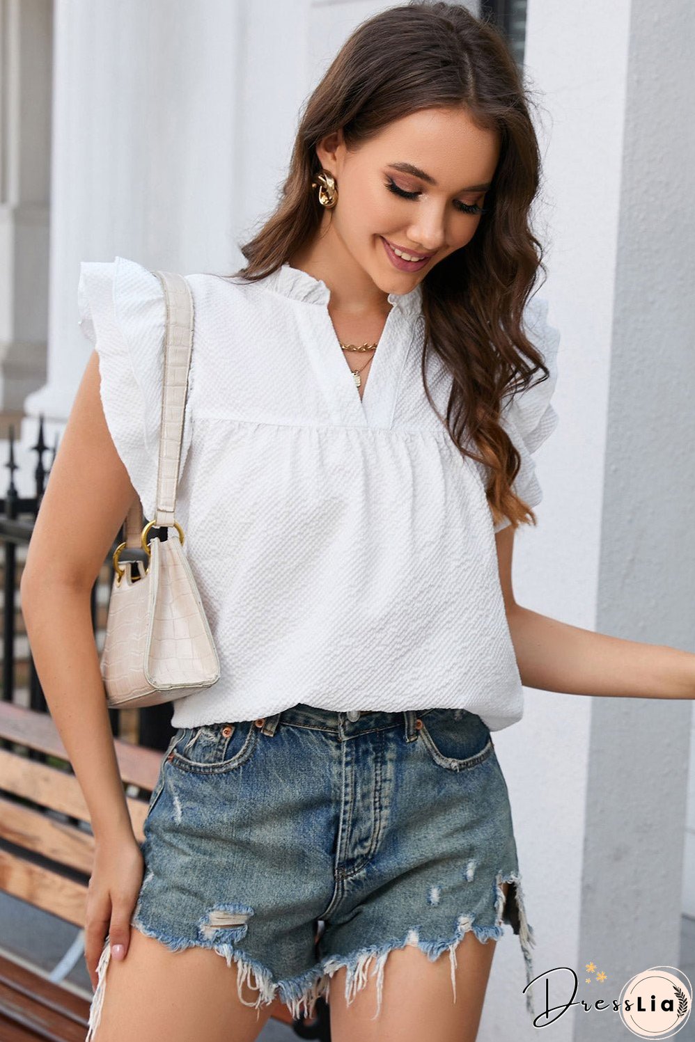 White Ruffle Flutter Notch Neck Top