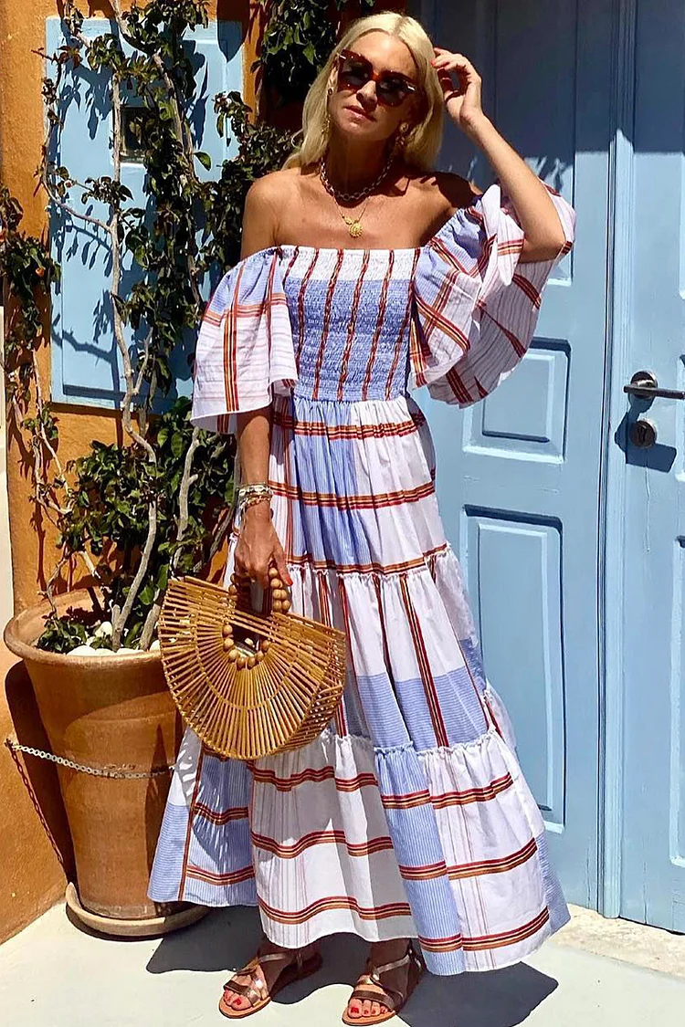 Off Shoulder Flare Sleeve Plaid Print Tiered Pleated Vacation Maxi Dress