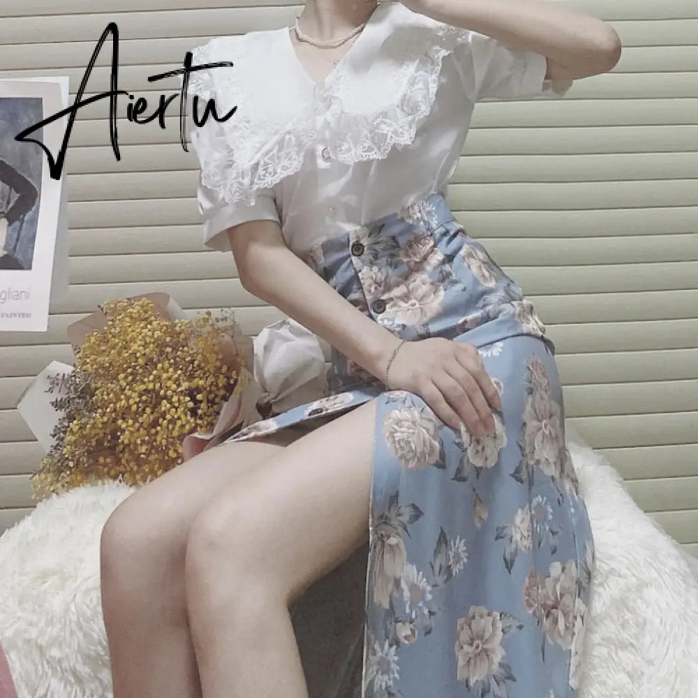 2 Piece Set Women Casual French Lace Blouse+Vintage Midi Floral Skirts Fashion Suits Female Korean Style Office Lady Summer Aiertu