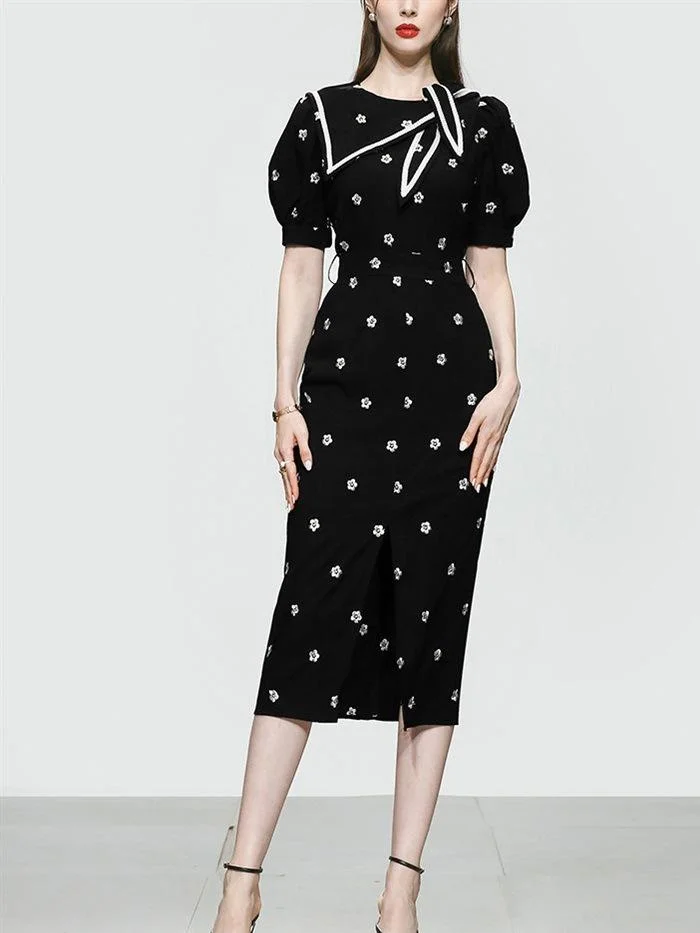 Bow Tie Slit Embroidered Dress