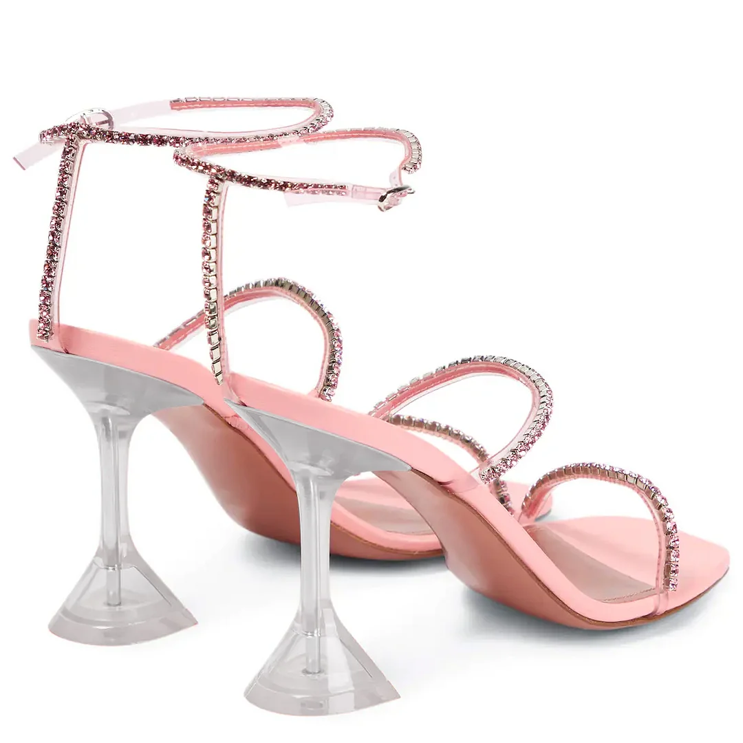 95mm Heeled Sandals for Women Square Toe Two Strap Party Wedding Matte Heels