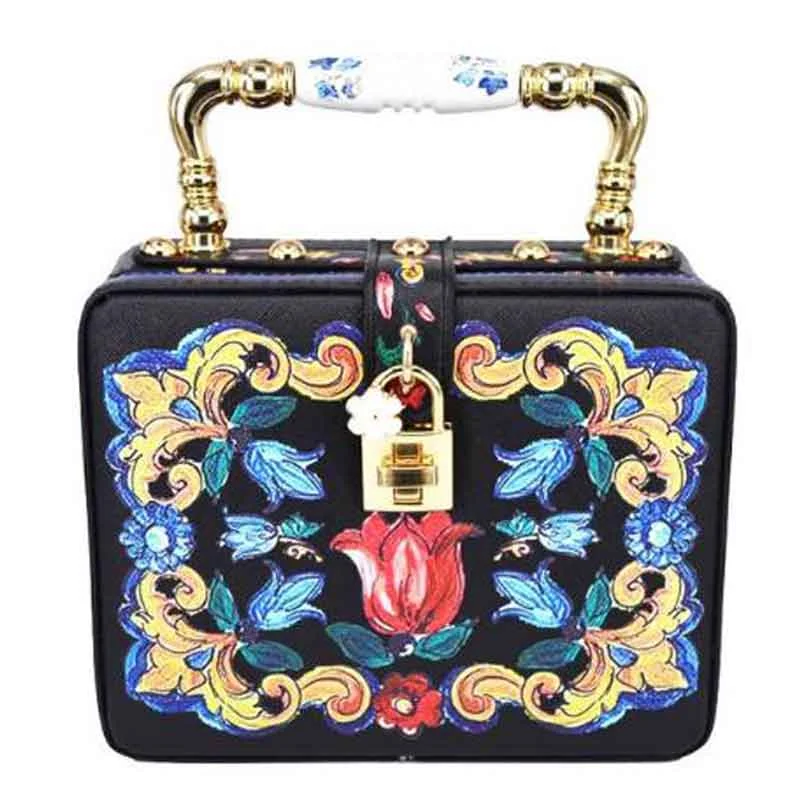 Fashion Black Printing Flower Box Women Handbag lock Flap Purse pochette original designer floral Lady strap shoulder bags Z820