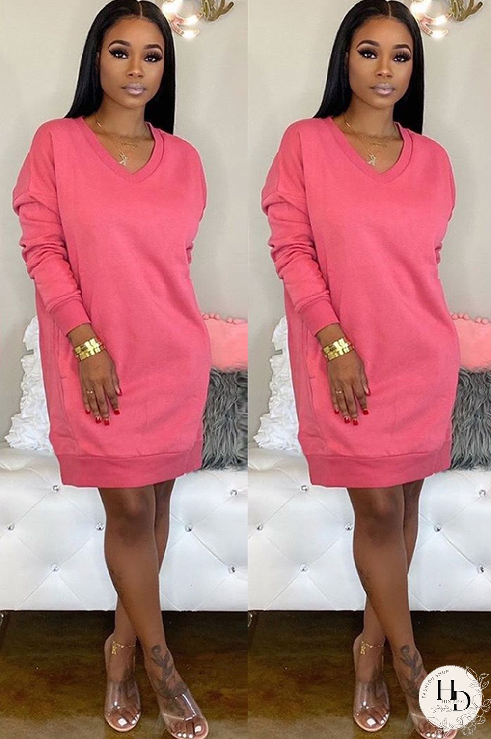 Olive green Acetyl fiber Sexy Cap Sleeve Long Sleeves V Neck Straight Knee-Length Solid